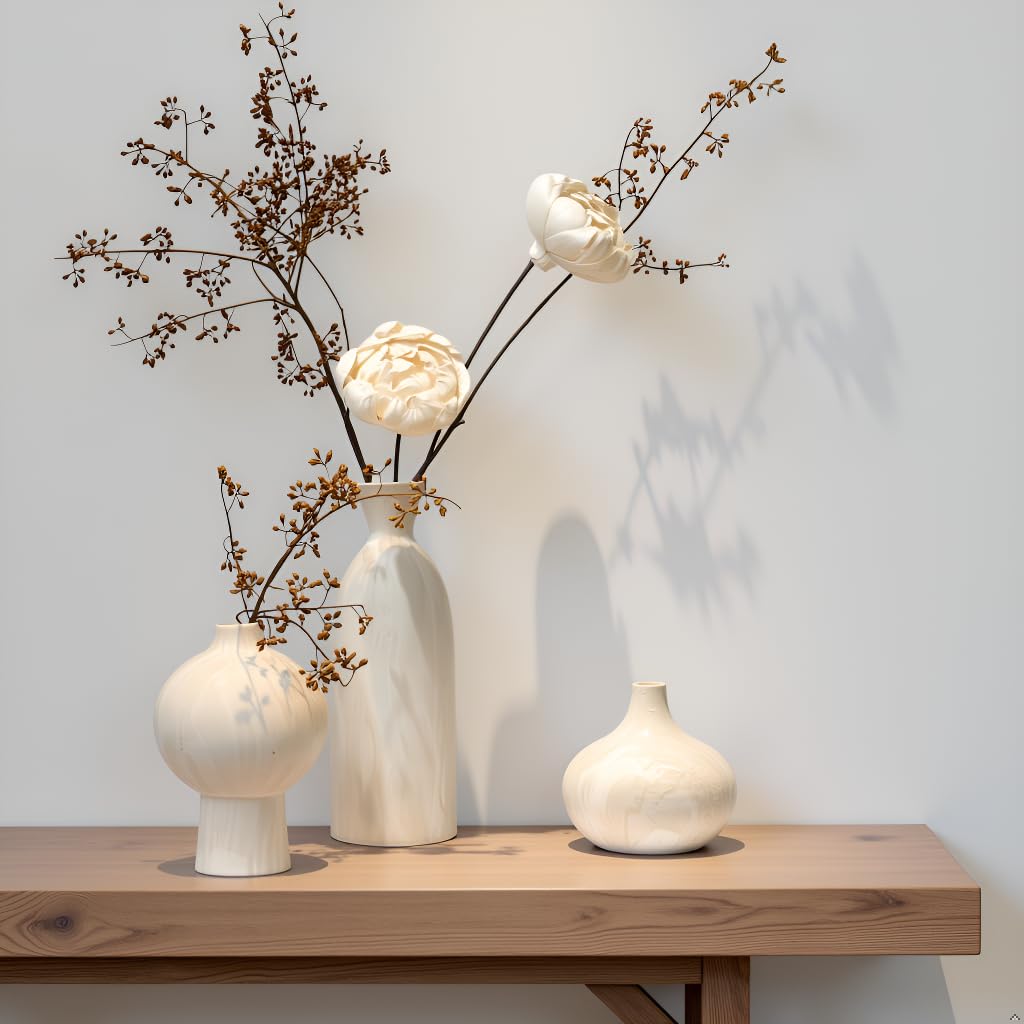 Okate Ceramic Vase Set of 3 – White & Beige, Stone-Look Texture