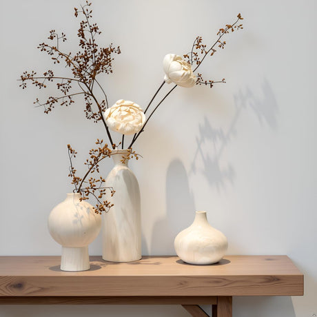 Okate Ceramic Vase Set of 3 – White & Beige, Stone-Look Texture