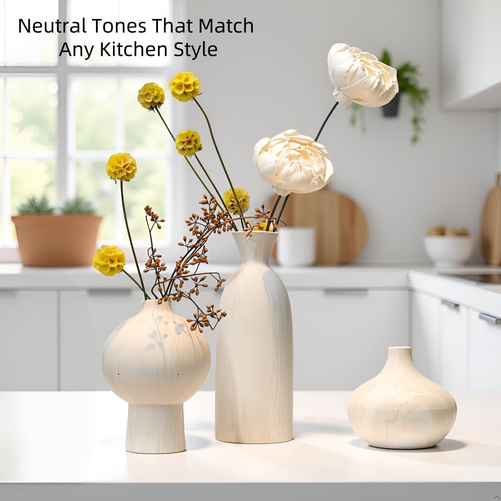 Okate Ceramic Vase Set of 3 – White & Beige, Stone-Look Texture