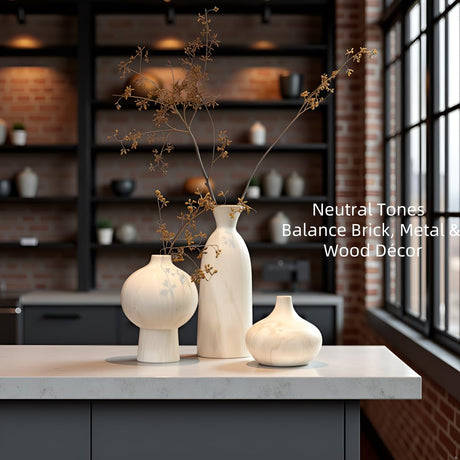 Okate Ceramic Vase Set of 3 – White & Beige, Stone-Look Texture