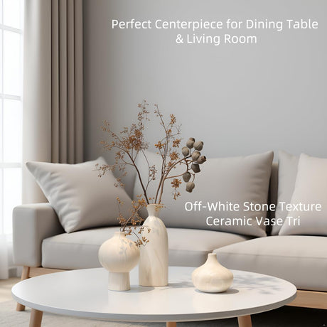 Okate Ceramic Vase Set of 3 – White & Beige, Stone-Look Texture
