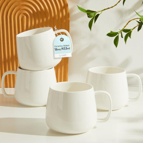 Okate 16oz Stackable Ceramic Coffee Mugs – Set of 4, White