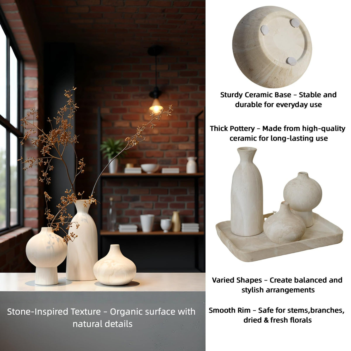 Okate Ceramic Vase Set of 3 – White & Beige, Stone-Look Texture