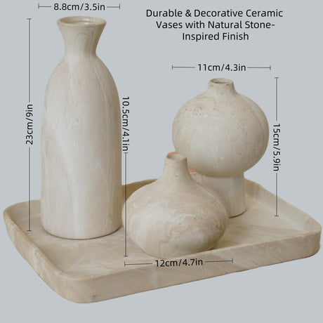 Okate Ceramic Vase Set of 3 – White & Beige, Stone-Look Texture