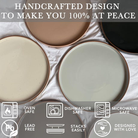 Okate Ceramic Flat Plates – Set of 6, 8 Inch, Neutral Colors