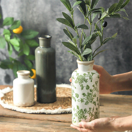 Okate Vintage Ceramic Flower Vase Set of 3 – Chinoiserie, Green & Beige