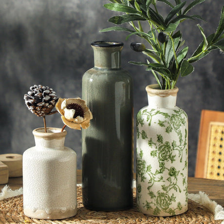 Okate Vintage Ceramic Flower Vase Set of 3 – Chinoiserie, Green & Beige