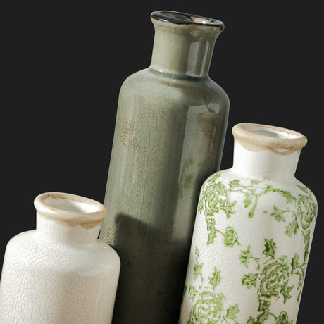Okate Vintage Ceramic Flower Vase Set of 3 – Chinoiserie, Green & Beige