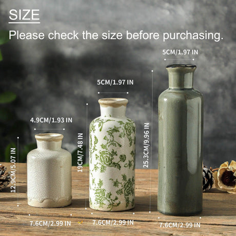 Okate Vintage Ceramic Flower Vase Set of 3 – Chinoiserie, Green & Beige