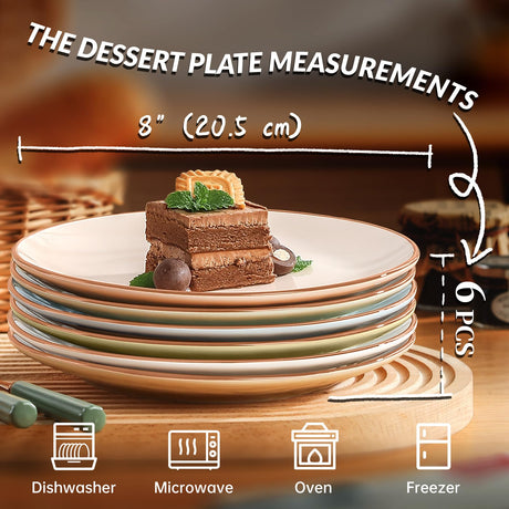 Okate Colorful Ceramic Dessert Plates – Set of 6, 8 Inch, Assorted Colors