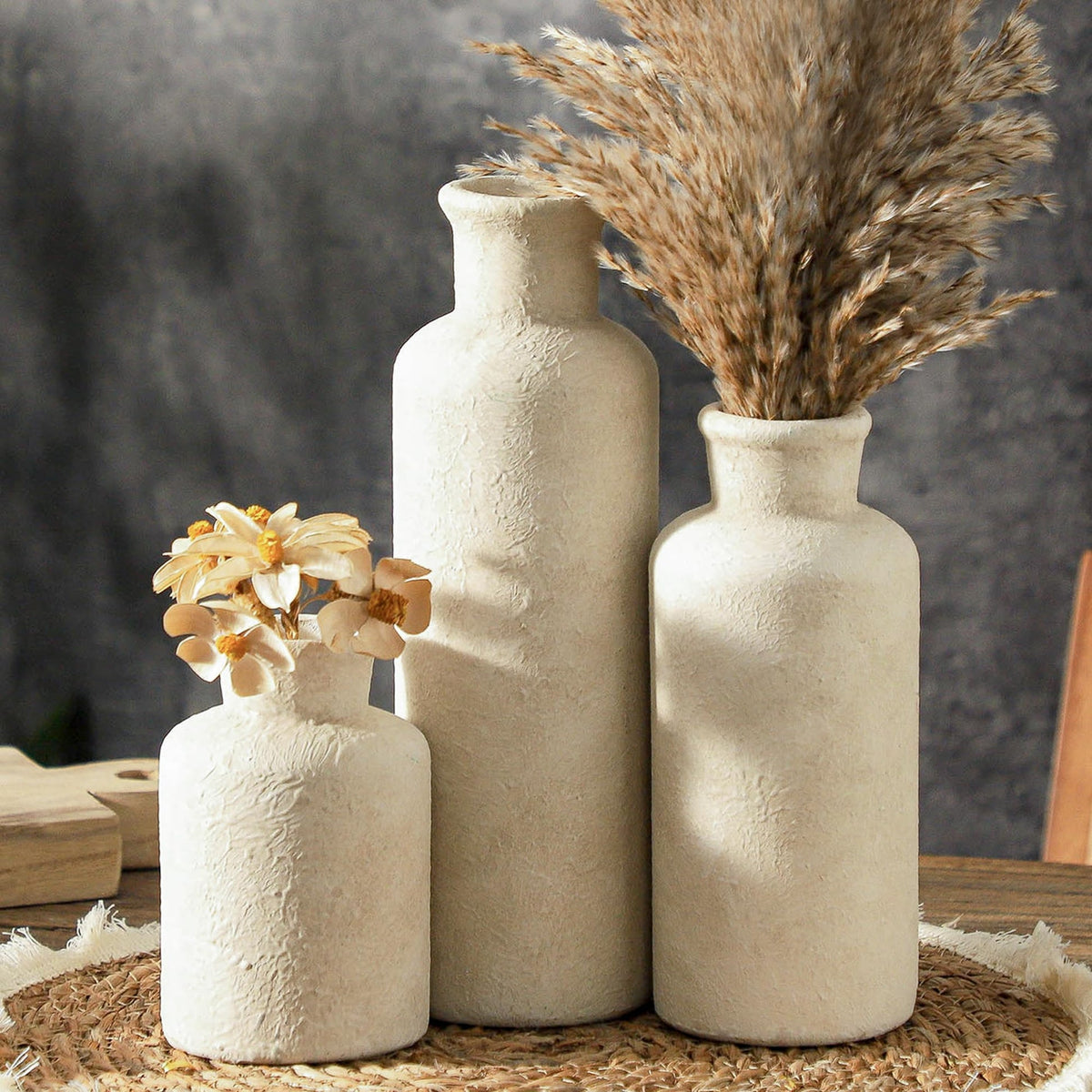 Okate Ceramic Vases Set of 3 – Whitewashed Neutral, Farmhouse Decor