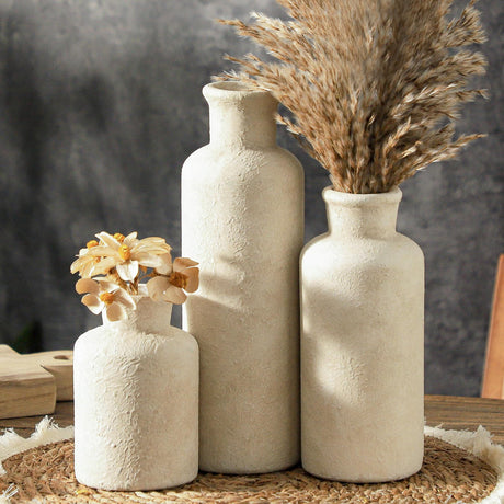 Okate Ceramic Vases Set of 3 – Whitewashed Neutral, Farmhouse Decor