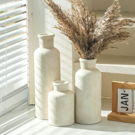 Okate Ceramic Vases Set of 3 – Whitewashed Neutral, Farmhouse Decor